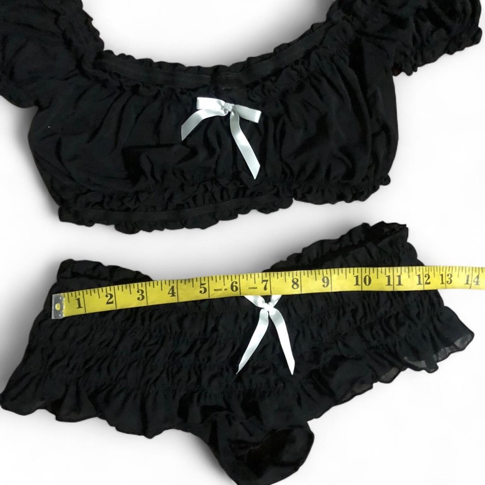 RARE Vintage Fredricks Of Hollywood Black Ruffle Gather Bow Two piece Set Y2K - Picture 5 of 7